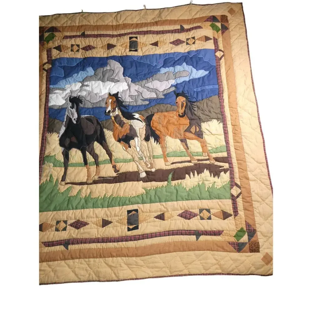 PATCH MAGIC 3 Horses Western Cotton Quilt Throw Wall Hanging 60x53